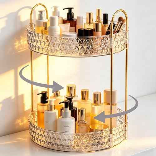 360° Rotating Acrylic Storage Rack, 2-Tier Large Capacity Makeup Organizer for Bathroom Countertop & Vanity, Clear Cosmetic Holder for Skincare, Perfume & Beauty Essentials