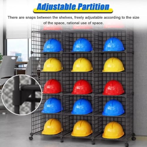 Stackable Safety Helmet Storage Boxes, Large Adjustable Hard Hat Placement Organizer Rack,with Wheels for Construction Site/Garage/Workshop/Factory,16 Grids(75x37x192cm)