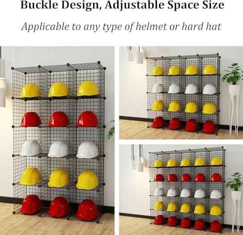 Stackable Safety Helmet Storage Box with Wheels, Large Adjustable Hard Hat Organizer Rack, Floor Standing Helmet Display Shelf for Home & Construction, Black 8 Grids
