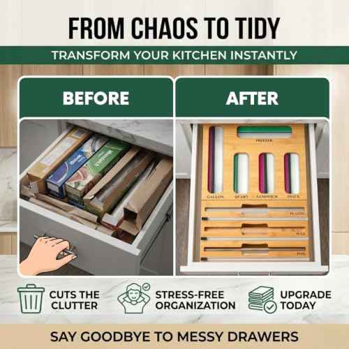 9 in 1 Bamboo Storage Bag Organizer for Kitchen Drawer, Bamboo Kitchen Drawer Organizer with Cutter, Foil and Plastic Wrap Dispenser, Ideal Storage for Gallon, Quart, Sandwich and Snack Bags