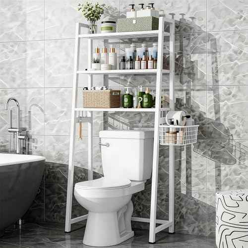 Over The Toilet Storage, Wooden 3-Tier Over-The-Toilet Rack Bathroom Space Saver Organizer, Freestanding Above Toilet with Toilet Paper Holder and Hooks (White)