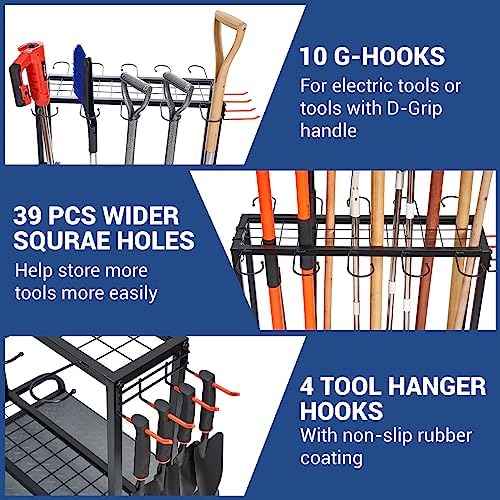 Garden Tool Organizer, Yard Tools Rack Holds 55 Long-Handled Tools/Rakes/Brooms for Garage Organization and Storage, Shed, Outdoor, Lawn, Heavy-Duty Steel, Black, Easy Assembly