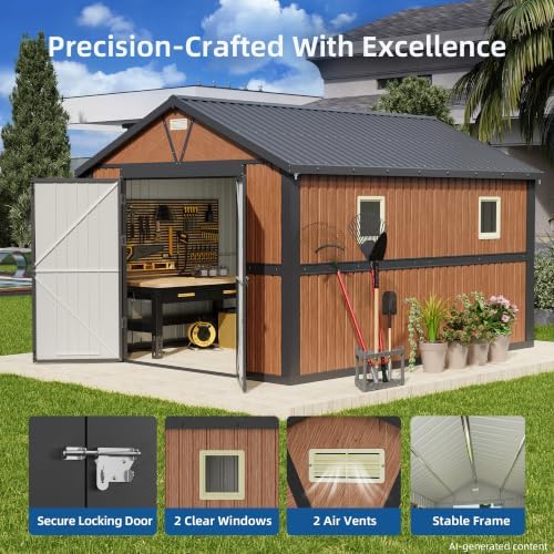 10x12 FT Outdoor Storage Shed, Garden Metal Shed with Lockable Doors & Window, Extra Large Tool Shed for Backyard, Patio & Lawn