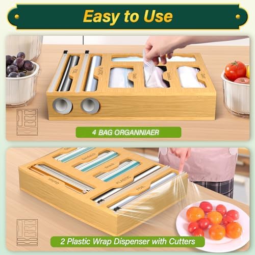 KOCWELL Bag Organizer and Plastic Wrap Dispenser with Cutter, 6 In 1 Bamboo Foil and Plastic Wrap Organizer for Kitchen Drawer, Food Storage Bag Organizer for Gallon,Quart,Sandwich,Snack(Yellow)