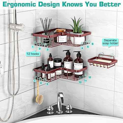 YASONIC Corner Shower Caddy, 3-Pack Adhesive Shower Caddy with Soap Holder and 12 Hooks, Rustproof Stainless Steel, No Drilling Wall Mounted Rack Organizer, for Bathroom, Bronze