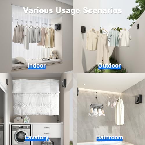 MUSTORN Retractable Clothesline Indoor, Non-Sagging Outdoor Clothes Line Retracting Heavy Duty Clothes Drying Laundry Line Wall Mounted Stainless Steel Line-13.8 Feets(Black)