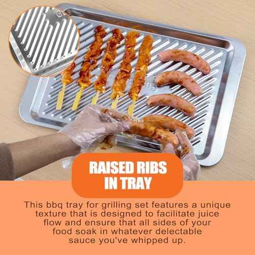 Grilling Prep and Serve Trays, Set of 2 Stackable Stainless Steel BBQ Tray, Standard Marinating Container, Serving Platter for Plating Food, BBQ Prep Tub for Marinating Meats, Grill Accessories