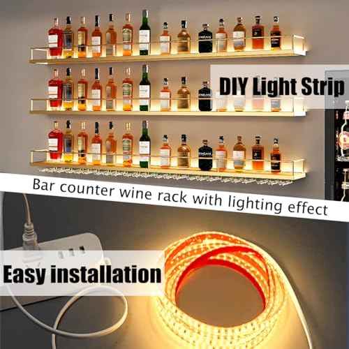 Metal Wall Mounted Wine Rack with LED Light, 3 Tiers Liquor Bottles Floating Shelves with Glass Holder, Wine Shelf Industrial Bar Shelves for Home Bar Dining (Black, 120cm/47.2in)