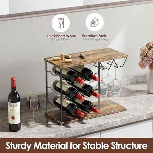 Nuovoware Wine Racks Countertop, Wine Bottle Holder for 6 Bottles & 4 Glasses Holder, Metal Wine Storage Organizer for Kitchen, Bar, Table, Cabinet, Wine Cellar, Wooden