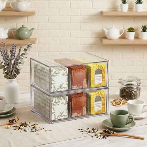 2 Pack Acrylic Tea Bag Organizer, 9 Grids Clear Tea Bag Holder, Stackable Teabag Holder Organizer, Clear Acrylic Teabag Drawer Holders for Countertop, Cabinet, Kitchen, Counter