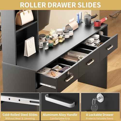Barber Salon Station for Hair Stylist, Salon Wall Mount Station with Barber Cabinet and Barber Desk, Hair Salon Stations Equipment with Holders, Drawers, Beauty Station Without Mirror (Black)