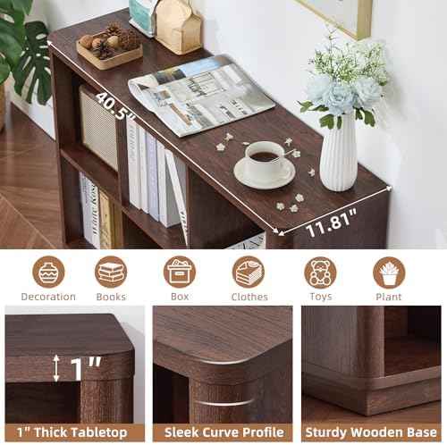 Joaxswe 6 Cube Bookcase, 40" Wide Low Horizontal Book Shelf w/Curved Edge, Wood Floor Standing 2-Tier Bookshelf with Base, Modern Short Storage Organizer for Bedroom,Office, Walnut