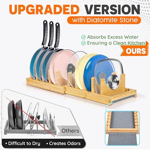 [Adjustable] Bamboo Pots and Pans Organizer Under Cabinet - Diatomite Base