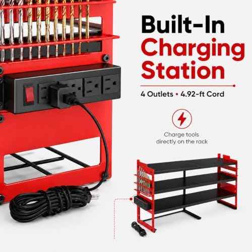 Power Tool Organizer Wall Mount, 600lbs Garage Storage Rack with Charging Station, 4 Layers Heavy Duty Battery Utility Rack With 4 Outlet Power Strip, 8 Cordless Drill Holder