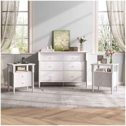 JOINICE White Nightstand with Charging Station, Jenny Lind Spindle