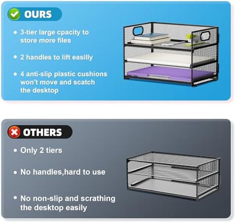 Marbrasse 3 Tier Paper Organizer Letter Tray, Mesh File Organizer with Handle, Paper Sorter Desk Organizer for Home Office Supplies