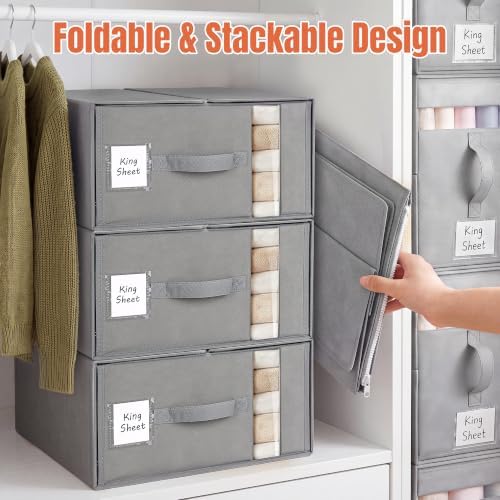 Large Bed Sheet Organizers and Storage for Linen Closet, 4 Pack Grey