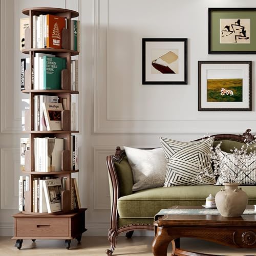 Solid Wood Rotating Bookshelf Tower on Wheels, 5-Tier Spinning