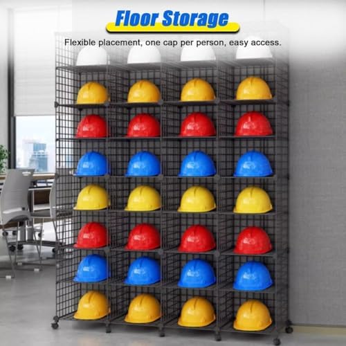 Stackable Safety Helmet Storage Boxes, Large Adjustable Hard Hat Placement Organizer Rack,with Wheels for Construction Site/Garage/Workshop/Factory,16 Grids(75x37x192cm)