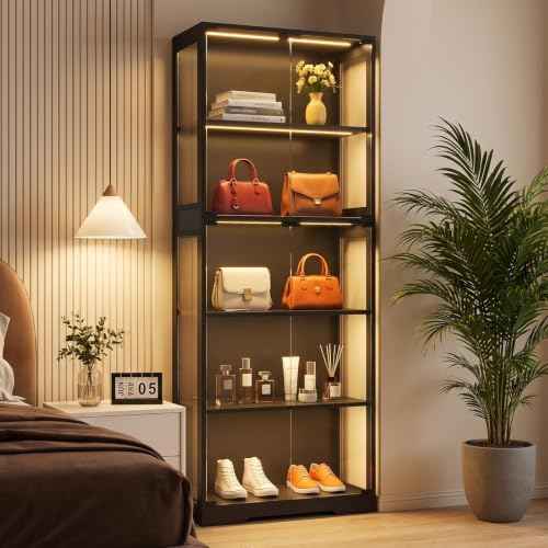 Display Cabinet with Glass Doors, LED Lights Motion Sensor