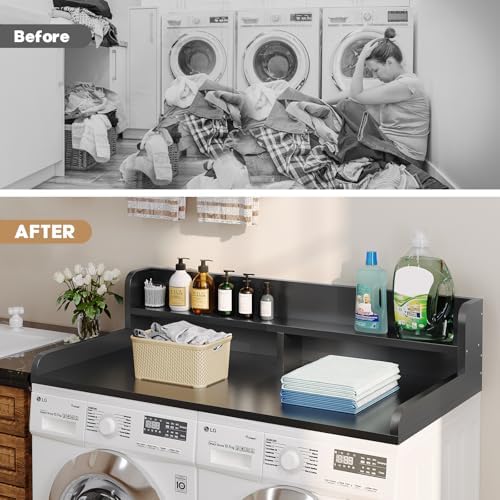 2-Tier Washer Dryer Countertop with 2.75"H Edge Rails, 54" W x 27.55" D Laundry Countertop for Folding Clothes, Washer and Dryer Topper with Non-Slip Pad (Black)