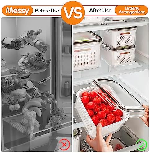 6 PCS Fruit Storage Containers for Fridge with Removable Colanders, 6 Plastic Food Storage Containers with 6 Lids, Leakproof Produce Containers Keep Fruits, Vegetables, Berry, Meat Fresh Longer