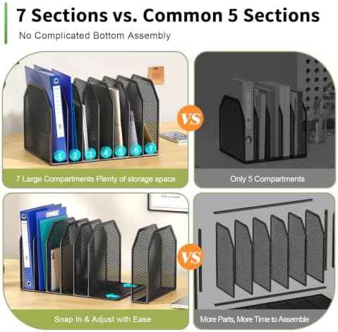 FANXIYQ Black 7-Section File Folder Organizer for Desk, Metal Vertical File Holder Stand, Desktop File Organizer Rack for Letter/A4 Folders, Papers, Books, Office Classroom Home