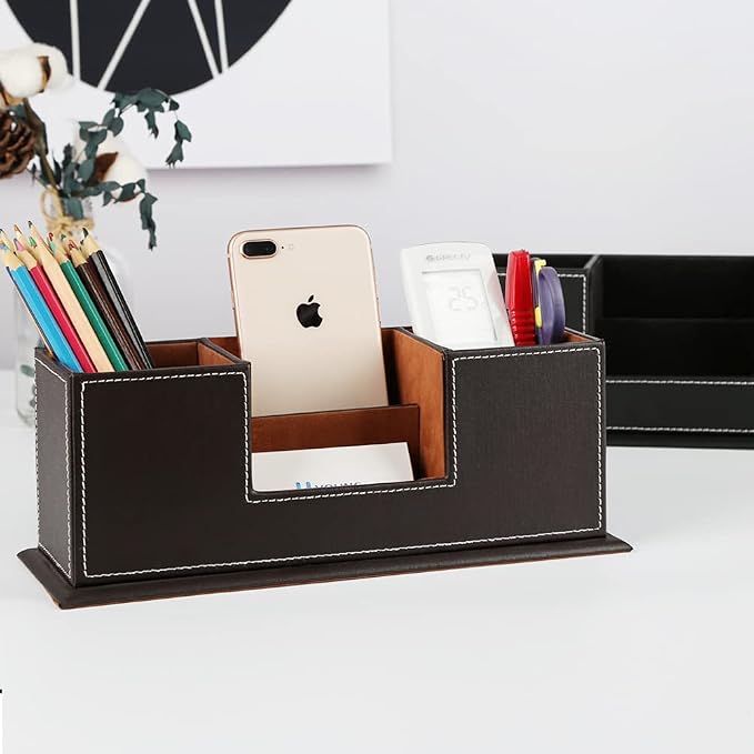 KINGFOM™ Double Holder Wood Leather Multi-Function Desk Stationery Organizer - Image 7