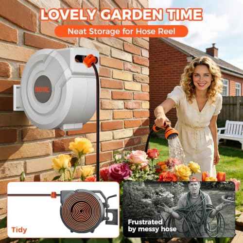 Upgraded Retractable Garden Hose Reel 1/2" x 130 ft 9 Pattern Nozzle Any Length Lock Wall-Mounted Automatic Slow Return 180° Swivel UV Resistant Heavy Duty Hose Reels for Outside