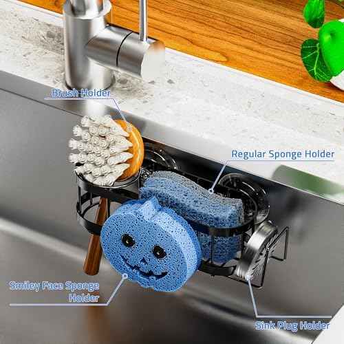 Cisily Sponge Holder Smiley Face, Sink Caddy for kitchen Sink, Kitchen Organizer Sponge Holder with 2 PCS Suction Cups and Adhesive Strips, Designed for Sponge, Soap, Dish brush, Scrubber-Black