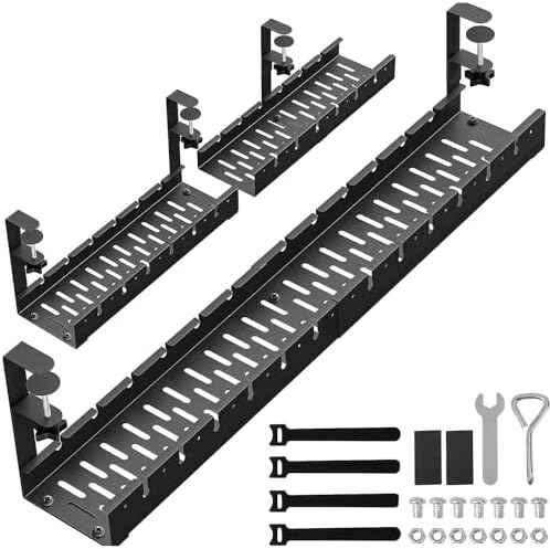 31Inch Extendable Under Desk Cable Management Tray, Black Metal Cable Management Tray Under Desk Cord Management with Clamp, 31 Inch x 4.33 Inch