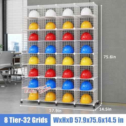 Stackable Hard Hat Storage Rack, White Iron Wire - 32 Grids