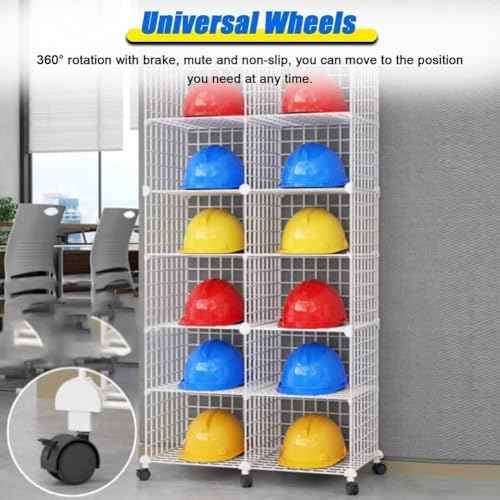 Stackable Safety Helmet Storage Boxes, Large Adjustable Hard Hat Placement Organizer Rack,with Wheels for Construction Site/Garage/Workshop/Factory,16 Grids(75x37x192cm)