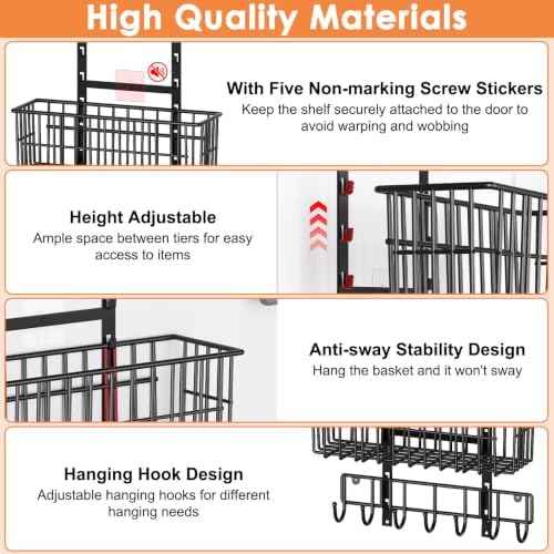 Hongtamoya Adjustable Over the Door Organizer, Metal Hanging Door Organizer with 5 Wire Basket 7 Hooks, Wall Mounted Shelf for Pantry Laundry Organization and Storage, Black