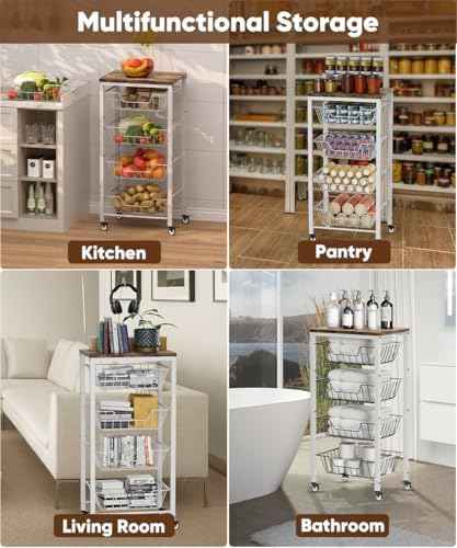 Fruit Vegetable Storage Cart for Kitchen, 5-Tier Vegetable Stand Rack with Pull-Out Fruit Baskets, Rolling Snack Cart with Wood Top & Banana Holder for Pantry, Living Room, Bathroom, White
