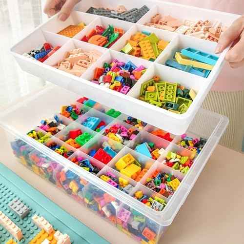 Toys Storage Organizer Box for Lego, Toy Storage Box with Building Plate Lid and Removable Tray, Building Block Storage, Stackable Plastic Organizer Bins(Green)