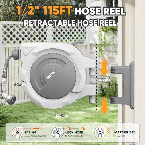SILVEL Retractable Garden Hose Reel, 1/2 in x 115ft Wall Mount Heavy Duty Automatic Hose Reel with 10 Pattern Nozzle, Any Length Lock & Slow Return System, 180°Swivel Bracket Upgraded UV Resistant
