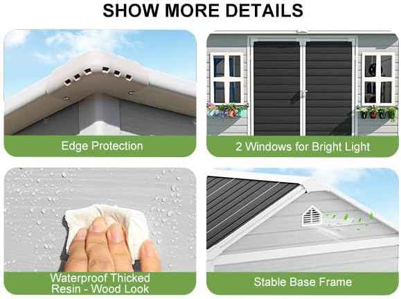 8x6 FT Resin Shed, Waterproof Outdoor Storage Shed w/Floor, 2 Windows, Double Doors & Vents, Tool Shed for Patio Garden, Lawn, Backyard, Grey