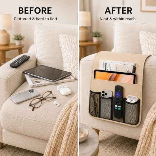 Armchair Caddy for Couch Remote Control Holder Recliner Armrest Organizer Non Slip Sofa Arm Chair Caddie with 6 Pocket Storage for Magazine, Tablet, Phone, iPad, Chocolate Leather white