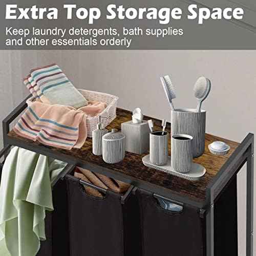 Large Laundry Hamper Sorter with 3 Removable & Pull-Out Sorting Bags, Wooden Top Shelf, Versatile Laundry Basket Organizer for Laundry Room, Bathroom, Dorm, 8 * 3 Gal, Black