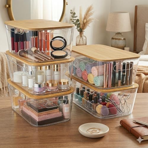 CiWiVOKi 6 Pack Clear Stackable Storage Bins with Bamboo Lids, 3.7L