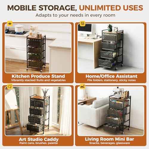 5 Tier Kitchen Storage Cart with Wheels, Utility Fruit Vegetable Storage Rack Stand with Pull-Out Baskets & Wood Top, Metal 4-Drawers Rolling Snack Cart, Kitchen Cart for Potato Onion(Black)