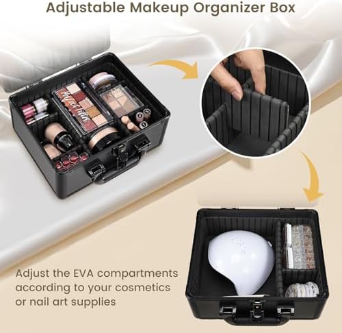 Faquenc Makeup Case with Lighted Vanity Mirror, Makeup Organizer Box Travel Make up Case with LED Mirror Portable Cosmetic Train Case for Countertop Lockable Makeup Suitcase with Adjustable Dividers