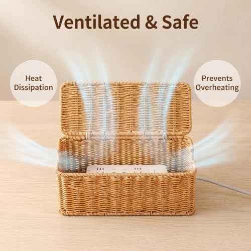 Cable Management Box Handwoven Faux Rattan Cord Basket with Lid (Rectangle)