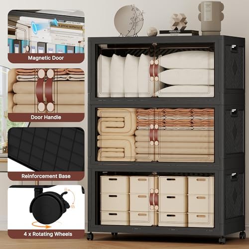 784QT Extra Large Stackable Storage Bins with Lids & Wheels & Door,