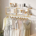 ORSENIGO Industrial Pipe Clothing Rack with Shelves, Gold Wall Mounted Clothes Rack Heavy Duty Display Garment Rack for Home Retail