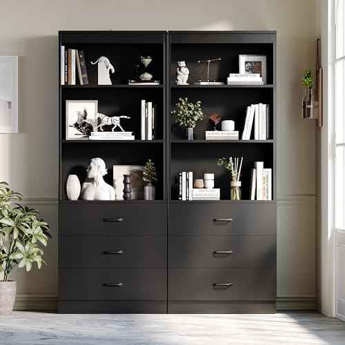 70" H Black Bookshelf with Drawers, Tall Bookcase with 3-Tier Open Shelves, Bookshelf and Bookcase with Storage Cabinet for Home Office,Living Room(Black,6-Tier)