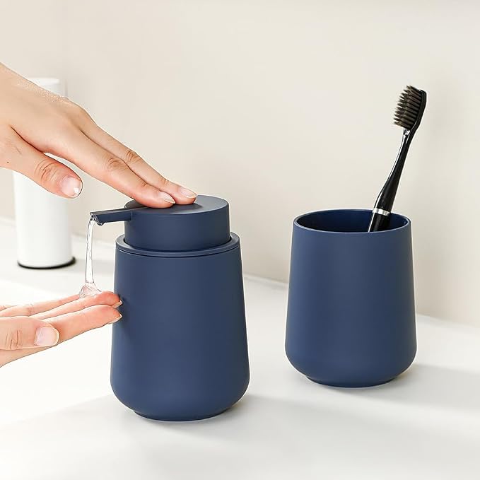 Matte Navy Blue Bathroom Accessories 2 Piece Set Plastic Soap Dispenser and - Image 2