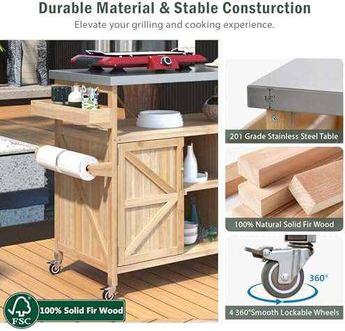 50.25" Kitchen Island Rolling Bar Cart & Storage Cabinet, Farmhouse Solid Wood Outdoor Grill Table with Stainless Steel Top and Spice, Towel Rack for BBQ,Natural