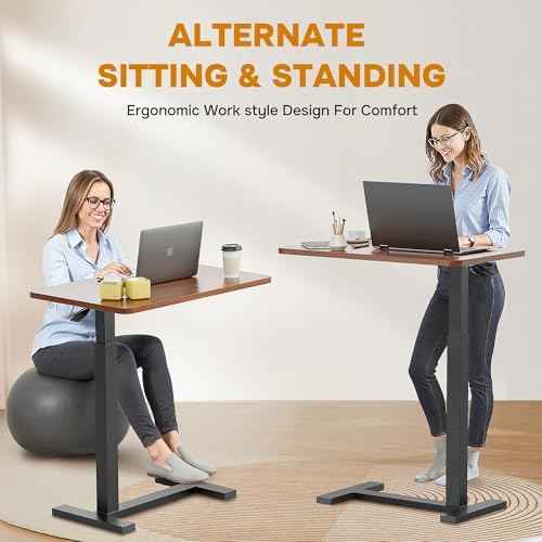 Simple Deluxe Adjustable Overbed Bedside Table with Wheels, Pneumatic Adjustable Hospital & Home Use Bed Table, Rolling Laptop Table, Mobile Standing Desk, Brown
